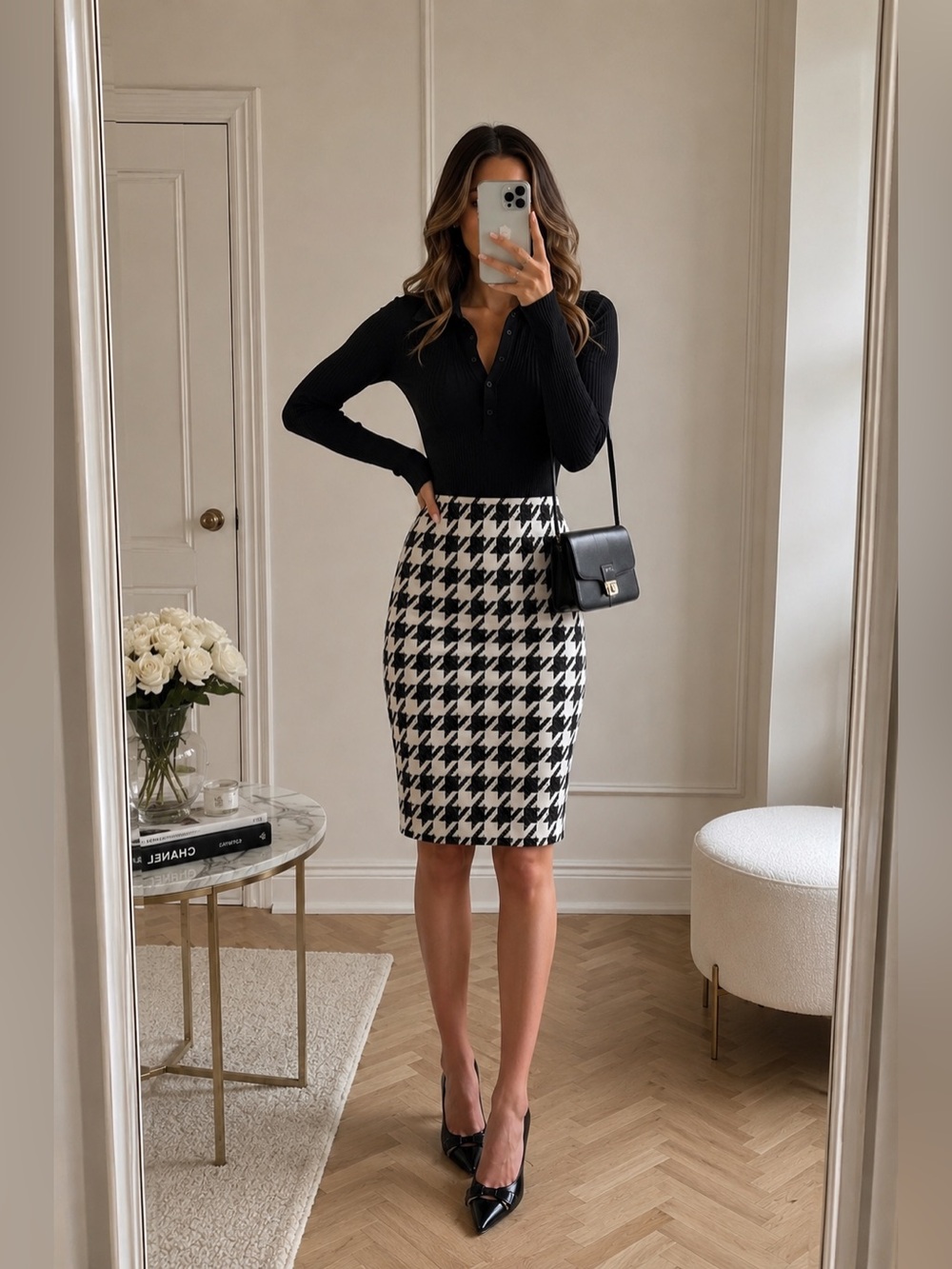 H&M Black and White Houndstooth Midi Pencil Skirt, Size XS, Brand New (No Tags)
